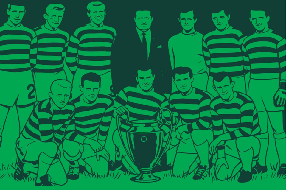 Ilustração da equipa do Celtic no Jamor com a taça